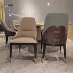High-Back Leather Dining Chair with Woven Upper Panel and High-Gloss Wood Back